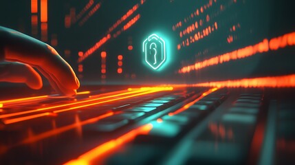 A hand hovers over a glowing keyboard, with a digital security lock icon displayed, creating a futuristic and secure feel.  The background features lines of code.