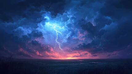 Fototapeta premium Dramatic lightning bolts illuminating a flat prairie as storm clouds build, creating a moody and intense scene