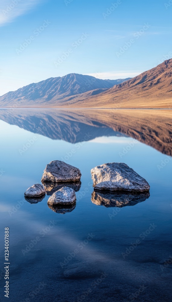 Poster serene mountain lake reflection with smooth water and rocks.