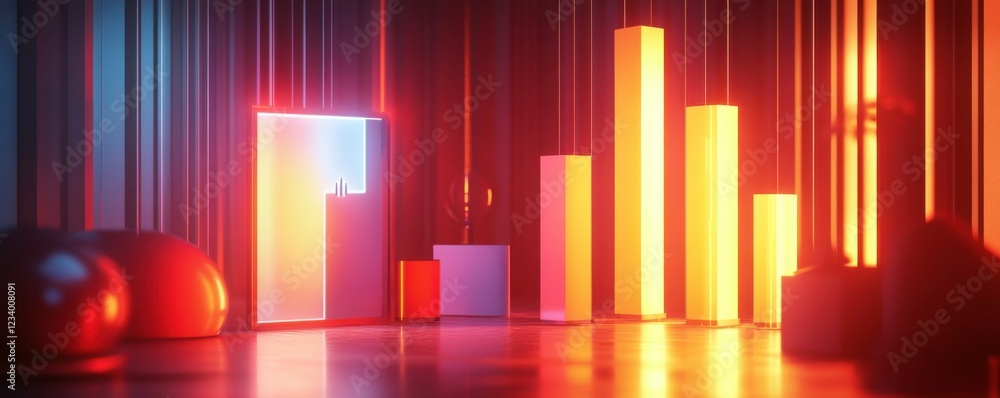 Poster a vibrant, abstract scene featuring colorful bars and geometric shapes against a dynamic background,