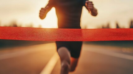 Runner Breaking Finish Line Ribbon at Sunset with Vibrant Backdrop