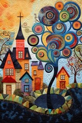 House and trees patchwork painting pattern.