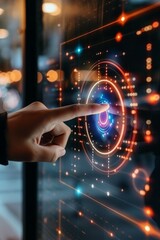 Fototapeta premium Digital analytics data visualization. Big data. Network connection. Artificial intelligence technology. Digital tech. Hand typing, gesturing. Touchscreen. Holographic display. 