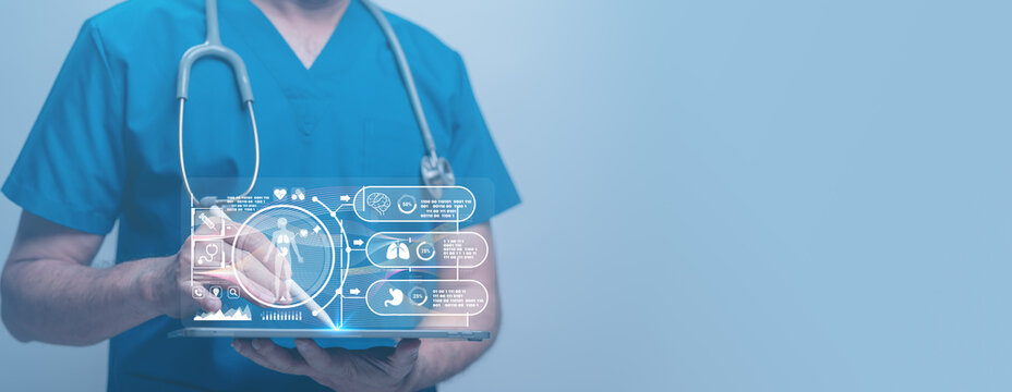 Revolutionizing Healthcare with Technology, Healthcare professional analyzes patient data using advanced digital tools integration promotes efficient care through technology, enhancing diagnostics