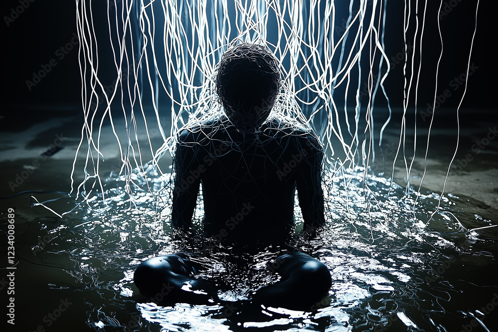 Aufkleber silhouette of a seated figure entangled in glowing wires, immersed in water, symbolizing connection 