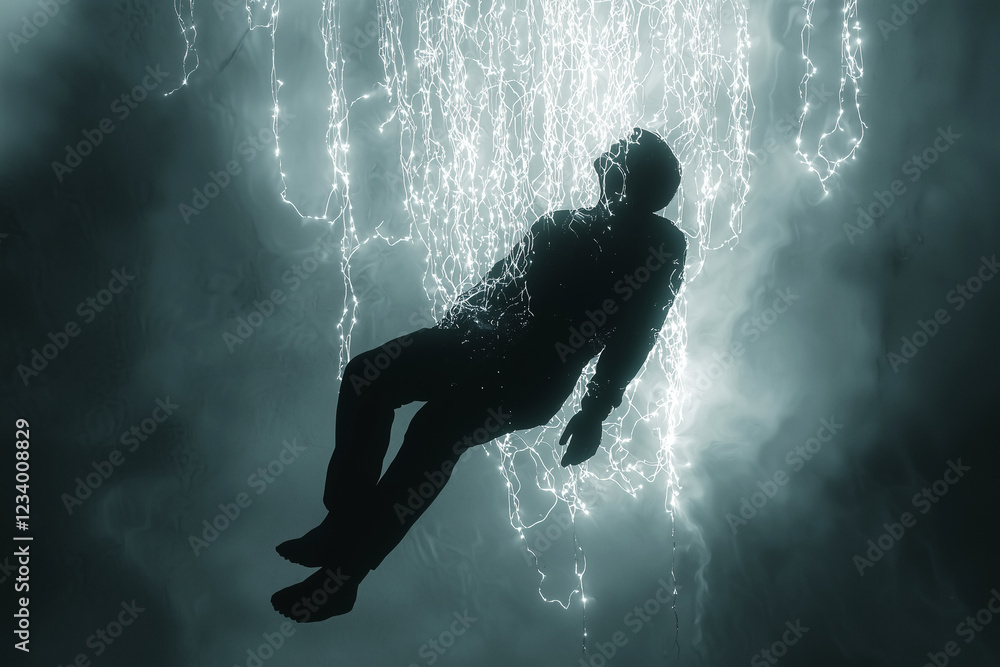Aufkleber man floating in ethereal space surrounded by cascading, glowing threads, creating a surreal and tran