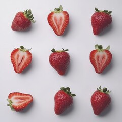 Fresh Strawberries Arranged in Heart Pattern on a White Background