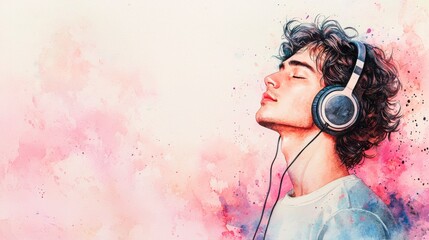 Obraz premium Young Man with Headphones Listening to Music in Colorful Art Style