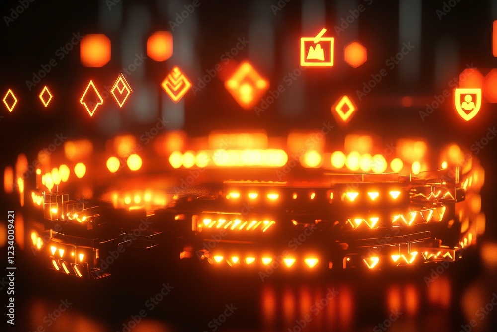 Poster a glowing array of orange geometric symbols and icons, creating a futuristic ambiance with a digital