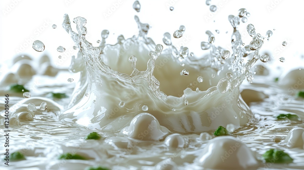 Aufkleber a dynamic splash of milk with droplets and bubbles in a light setting.