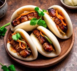 A serving of Chinese bao buns stuffed with barbecued pork and pickled vegetables 1