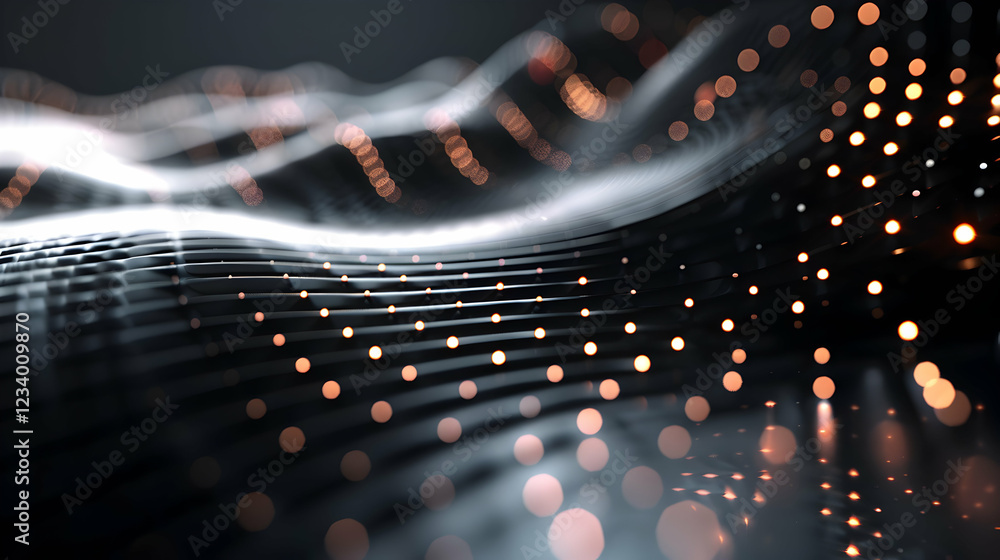 Poster abstract digital wave with glowing particles creating a sense of depth and movement.