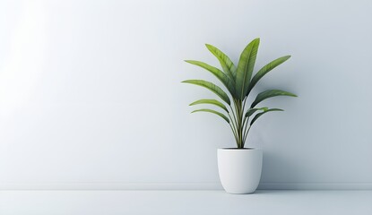 Potted palm plant isolated on a white background, 3D rendering, C4D render, in a modern and minimalist style, with 20% lighting contrast, soft light and shadow, no reflection on the floor, front 