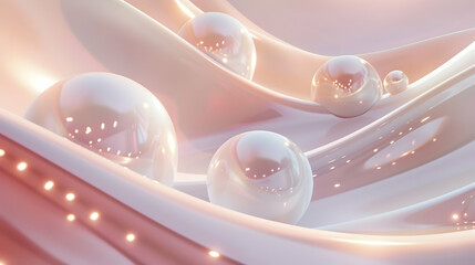 A serene abstract composition with glossy spheres and flowing surfaces in soft pastel tones.