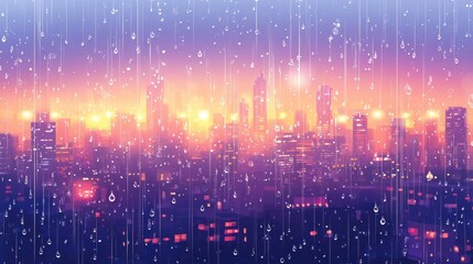 Obraz premium Rainy city night cityscape, window view, sunset, background