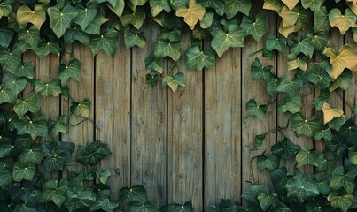 Ivy-covered wooden fence, nature background, rustic texture, perfect for design