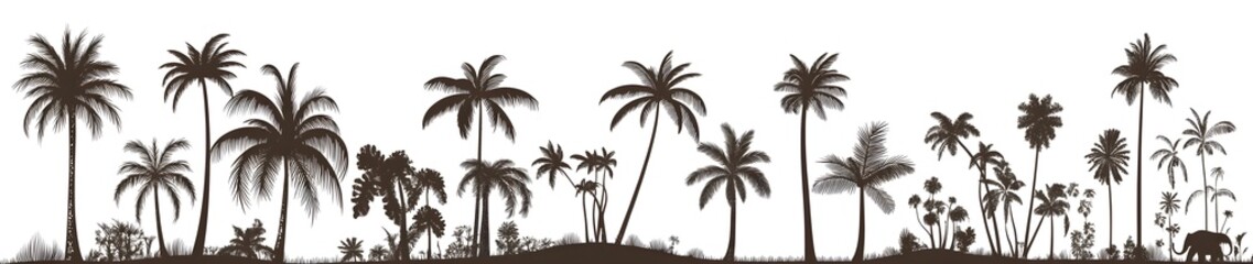 Set of black palm tree silhouettes on a white background, vector illustration. Isolated island with vegetation and trees in the jungle. Flat style, cartoon-like, simple icon design. Set collection, 