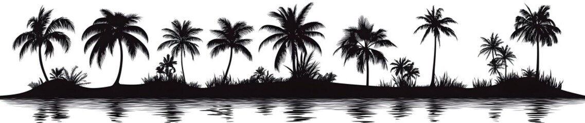 Obraz premium Set of black palm tree silhouettes on a white background, vector illustration. Isolated island with vegetation and trees in the jungle. Flat style, cartoon-like, simple icon design. Set collection, 