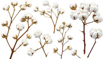 Set of cotton flowers isolated on a white background, in different angles and positions. 