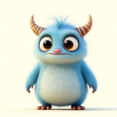 Obraz premium Adorable Blue Furry Monster with Horns: A 3D Rendered Cartoon Creature