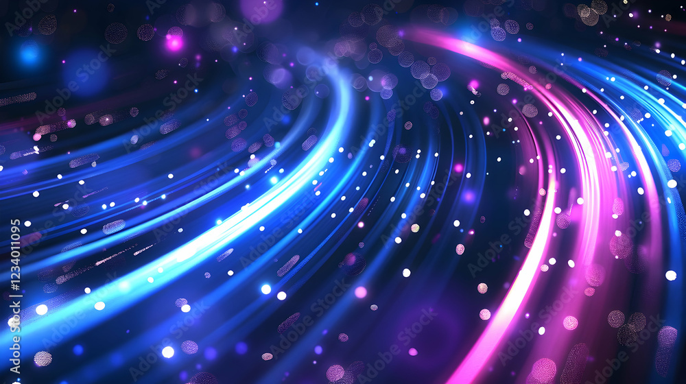 Poster abstract digital background with flowing lines and glowing particles in vibrant colors.