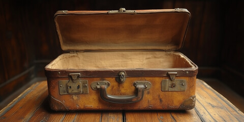 Open vintage suitcase on wooden floor ready for packing with rustic background
