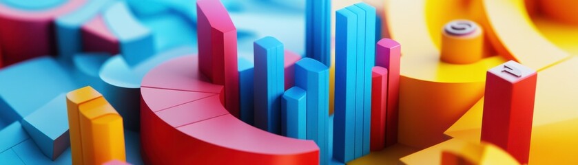 A vibrant 3D abstract composition featuring colorful geometric shapes, suggesting data visualization or modern design elements.