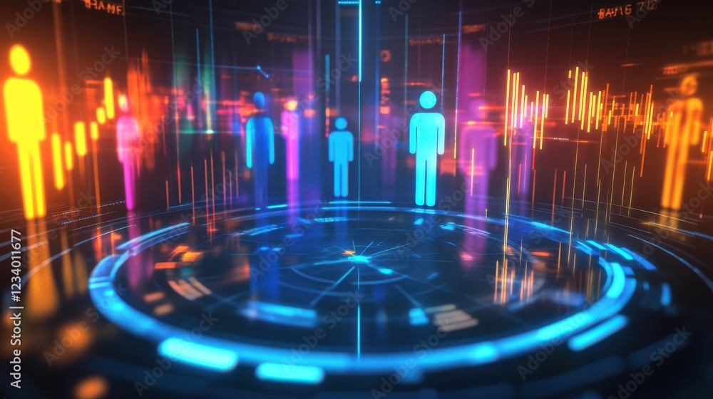 Poster a futuristic digital scene featuring vibrant, glowing figures and abstract patterns, representing da