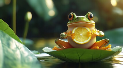 A frog holding a slice of lemon with its tiny hands, sitting on a lotus leaf.