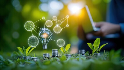 Harnessing Innovation: A Lightbulb Representing Ideas and Growth Among Sprouting Plants and Coins Under a Warm Sunlit Environment - A Vision for Sustainability and Progress.