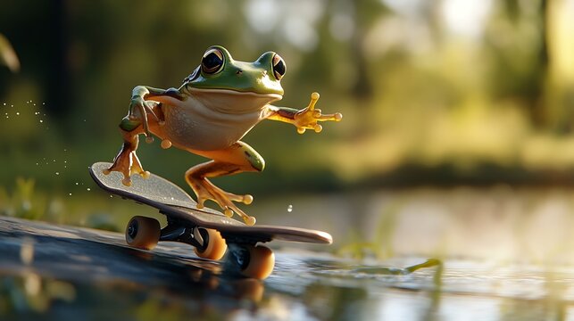 A frog leaping off a skateboard mid-air near a calm pond.