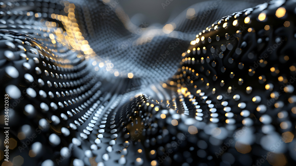 Poster abstract representation of flowing waves with illuminated dots.