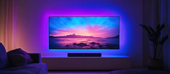 TV illuminated by ambient light in room.