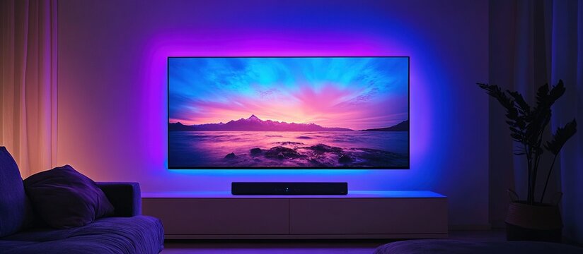 TV illuminated by ambient light in room.