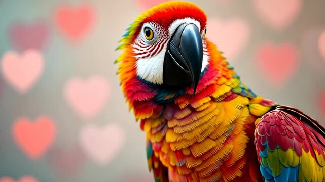 Vibrant parrot turning with blurred heart background in vivid closeup sequence