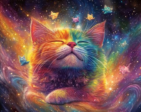 Cosmic Cat Peaceful feline amidst nebula, stars; whimsical art