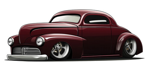 Elegant vintage coupe car illustration in deep maroon. Featuring sleek curves and chrome accents, perfect for classic car enthusiasts, posters, and retro design projects.