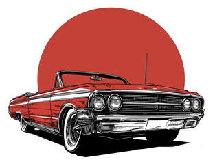 A sleek vintage convertible car illustration with a bold red sun backdrop. Retro automotive art with a minimalist and classic touch, perfect for posters, apparel, and car enthusiasts.