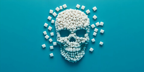Conceptual Skull Shape Created from White Sugar Cubes on a Vibrant Blue Background Representing Health Risks of Sugar Consumption