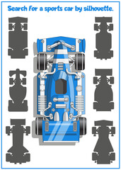 Children's game, puzzle. Search for a sports car by silhouette. View from above. Isolated on white background. Vector illustration.