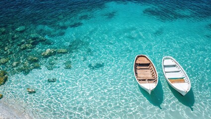 Naklejka premium Enchanting boats rest gently on the crystalline blue waters, capturing the essence of tranquility with their reflection and vibrant colors that uplift the spirit.