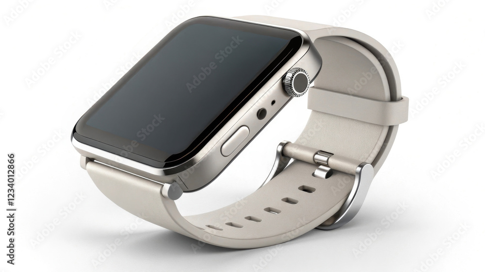 Poster a sleek smartwatch with a rectangular display and a light strap, designed for modern functionality a
