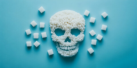 Creative Skull Shape Made From White Rice Surrounded By Sugar Cubes On A Vibrant Blue Background Representing Health Risks And Sweetness