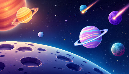 Naklejka premium Cosmic Landscape: A Vibrant Celestial Scene with Planets, Moons, and Shooting Stars