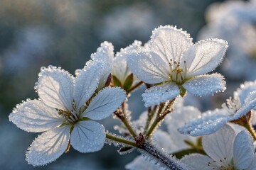 White cherry blossoms covered with frost in the morning light