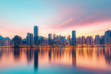 Fototapeta premium Dusk Skyline Over City with Stunning Reflections on Water
