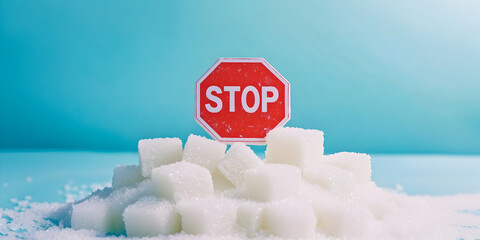 Warning Sign In Stop Shape Placed On Pile Of Sugar Cubes To Promote Awareness About Health Risks Associated With High Sugar Consumption