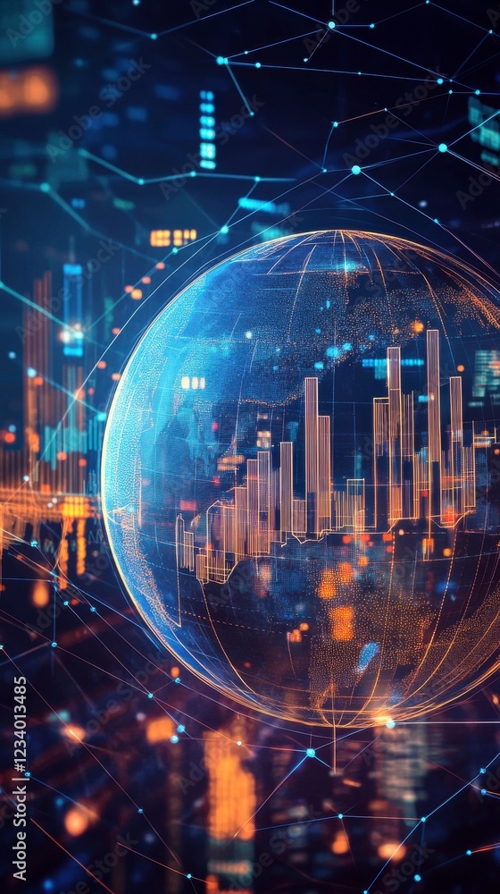 Poster a futuristic globe overlaid with data visualizations, set against a vibrant cityscape, highlighting 