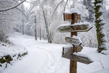 Snow-covered wooden signpost indicating trails in winter forest