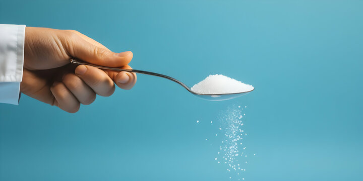 Hand Holding a Spoon with Sugar Being Poured Over a Light Blue Background in a Modern Culinary Setting